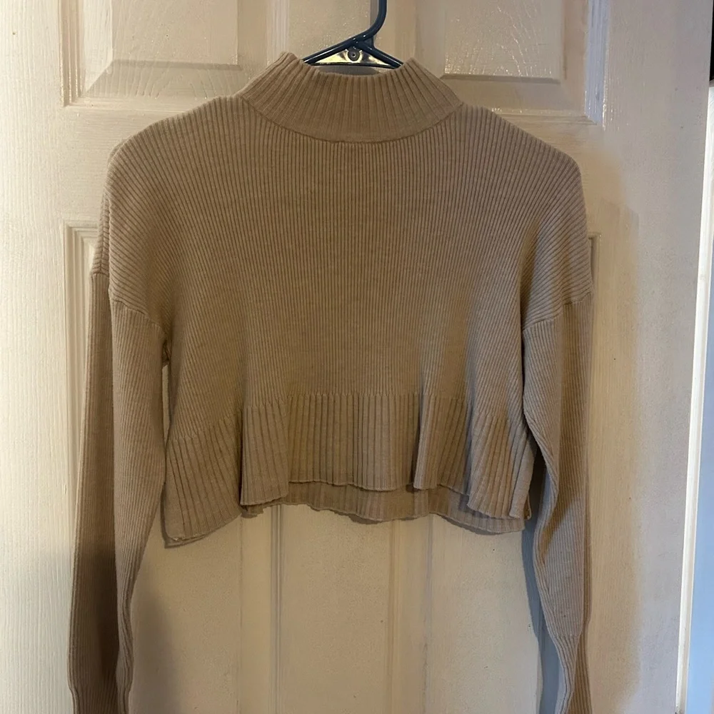 Tan Ribbed Cropped Sweater - Picture 1 of 3